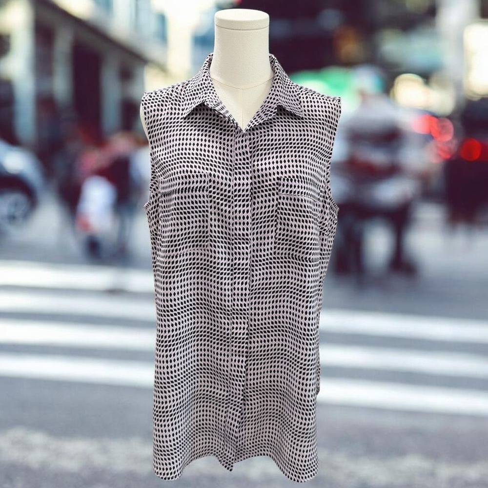 Talbots Sleeveless Blouse Black White Lilac Geometric Office Minimalist Chic